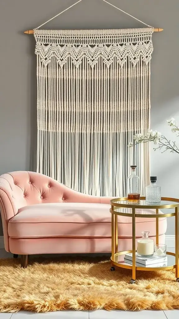 A macramé wall hanging in champagne lace above a pink velvet chaise lounge, accompanied by a golden side table on a fluffy rug.