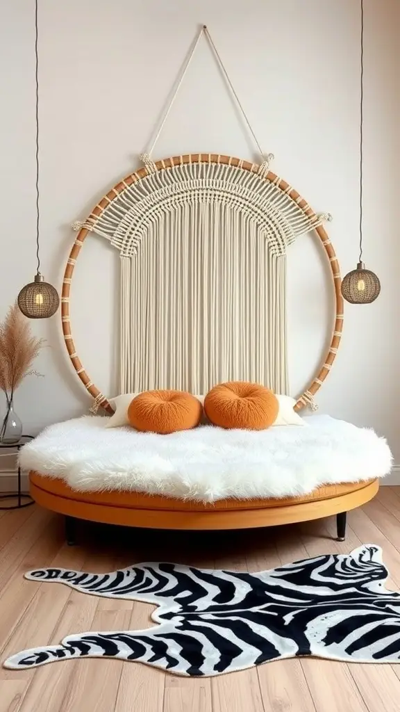 A round bed with orange cushions, surrounded by a macrame wall hanging and a zebra rug.