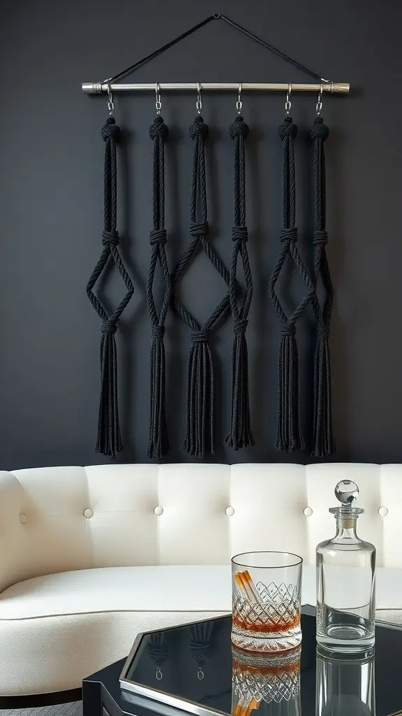 A macramé wall hanging in jet black against a smoked glass background, with a white couch and cocktail glass in a chic lounge setting.