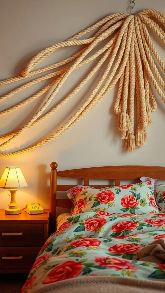 A macramé wall hanging above a teak bed with coral floral bedding, complemented by a bedside lamp and vintage phone.