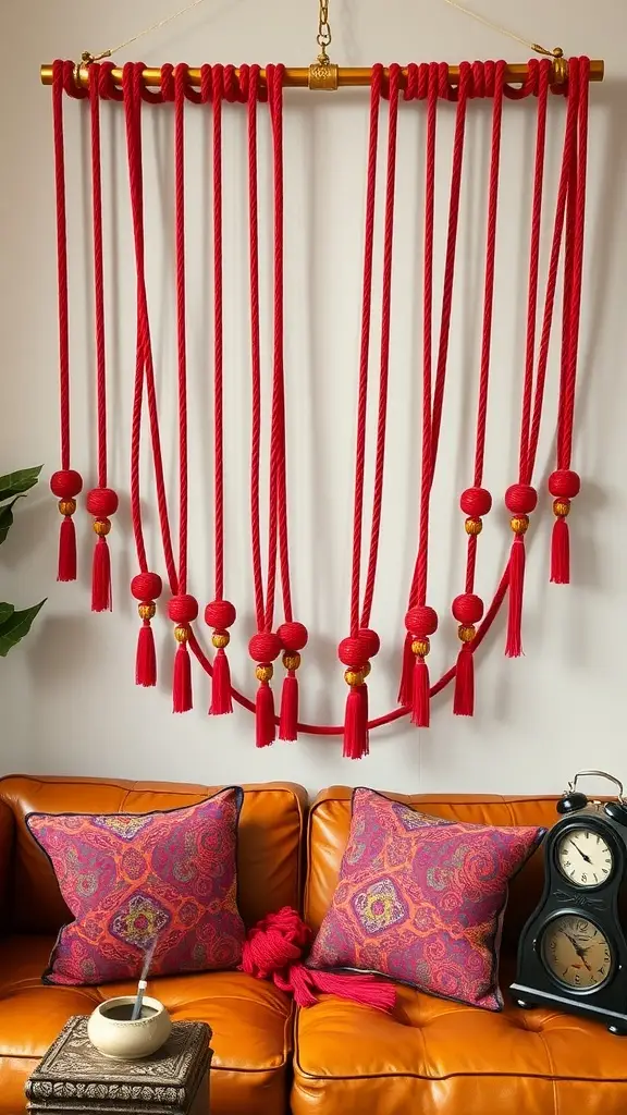 A vibrant cherry macramé wall hanging with resin beads above an orange leather couch adorned with patterned pillows and a clock.