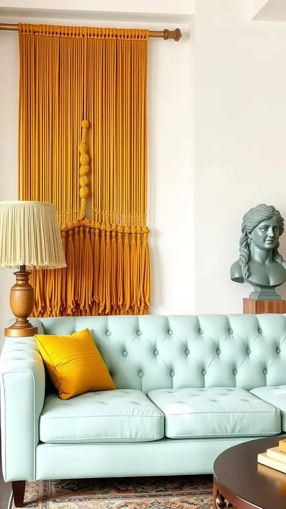 A mustard macramé wall hanging behind a tufted mint green couch with a yellow pillow and a decorative lamp.