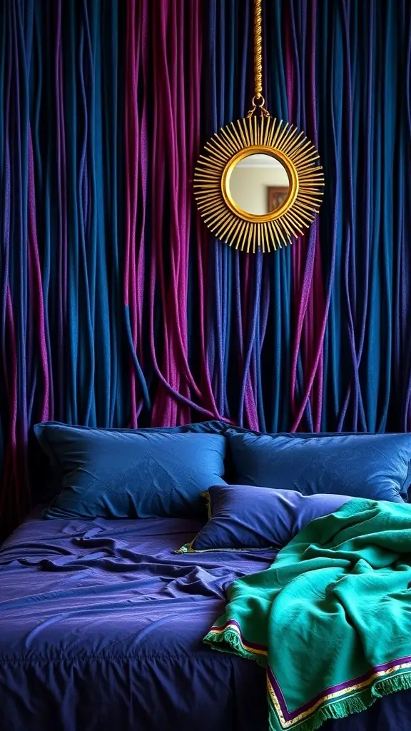 A cozy bedroom with a wavy indigo wall hanging behind a velvet headboard, featuring blue pillows and a green throw blanket.
