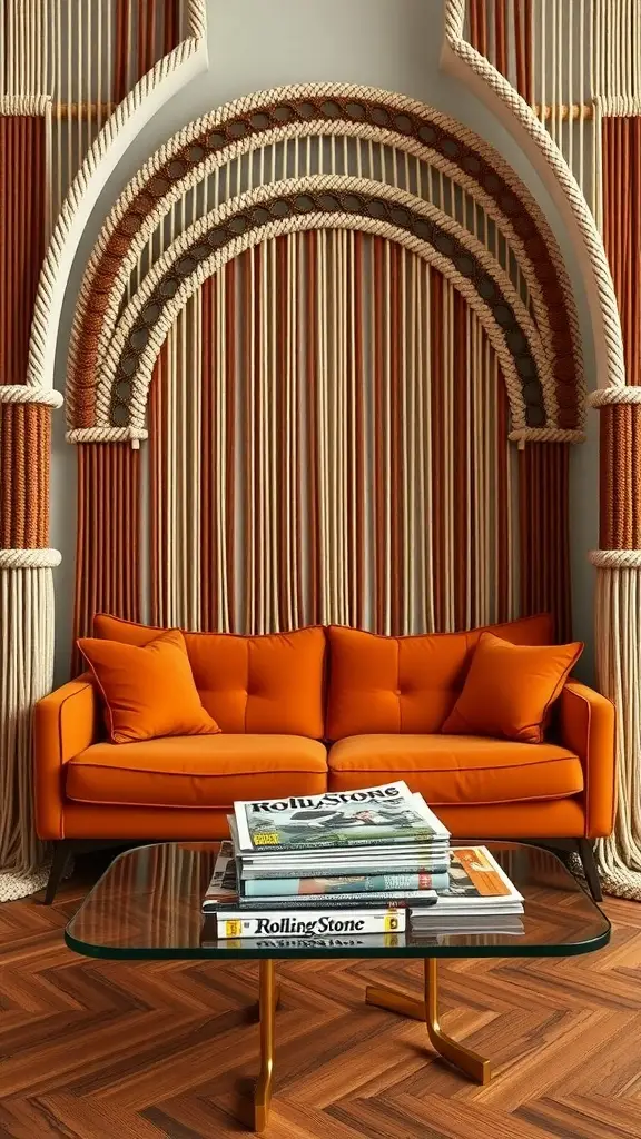 A stylish room with a vibrant orange couch, glass coffee table, and a macramé wall hanging in espresso and cream colors.
