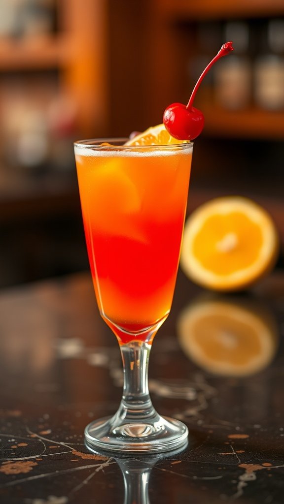 A vibrant Tequila Sunrise cocktail in a glass garnished with an orange slice and cherry.