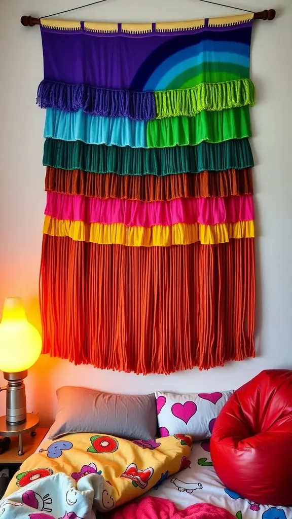 A colorful macramé wall hanging with a rainbow design above a bed with a tie-dye quilt and orange pillows.