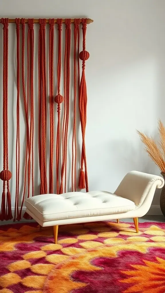 A lounge chaise with a macramé wall hanging in carnelian stone colors.