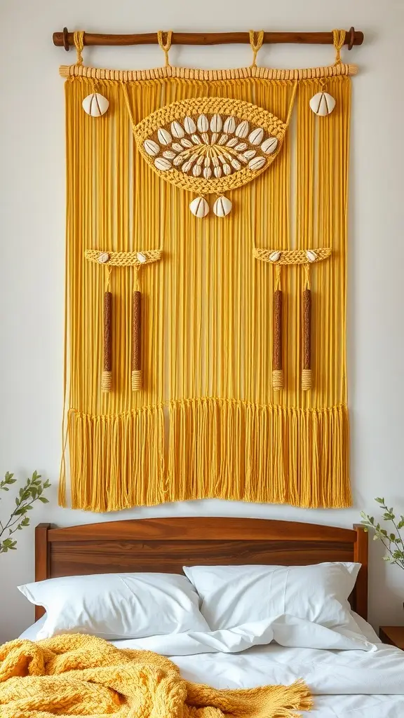 Macramé wall hanging in yellow with shell accents above a bed with white pillows and a cozy yellow blanket