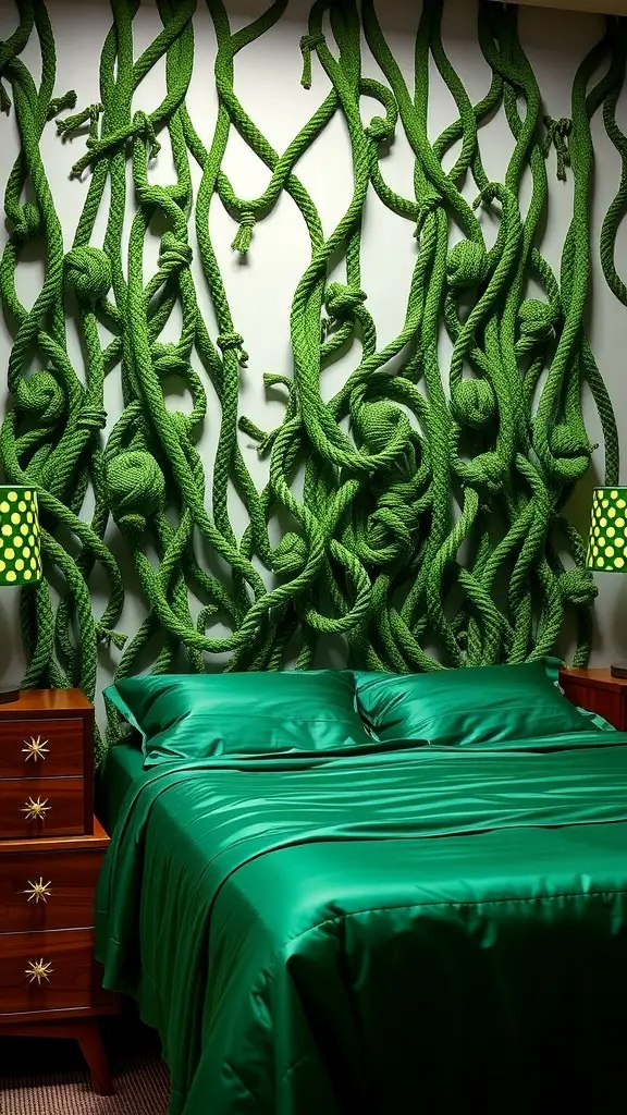 A vibrant green macramé wall hanging resembling vines behind an emerald bed with matching bedspread and playful polka dot lamps.