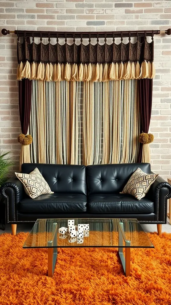 Mocha fringe curtain over a sleek black leather sofa with geometric patterned pillows and an orange rug.