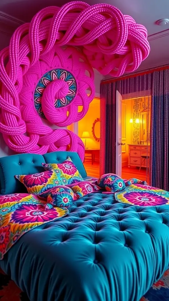 A vibrant macramé wall hanging in pink and plum colors, spiraling above a blue tufted bed with colorful patterned pillows.