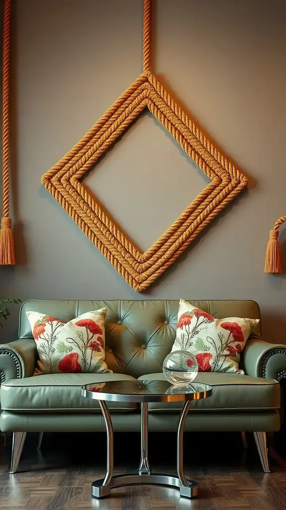 Amber diamond-shaped macramé wall hanging above a green vinyl loveseat with floral pillows and a small glass table.