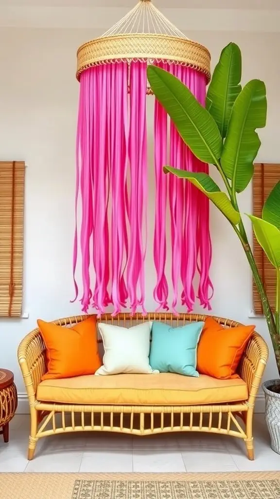 A 60s rattan daybed with colorful pillows under a flamingo pink macramé wall hanging, surrounded by a green plant.