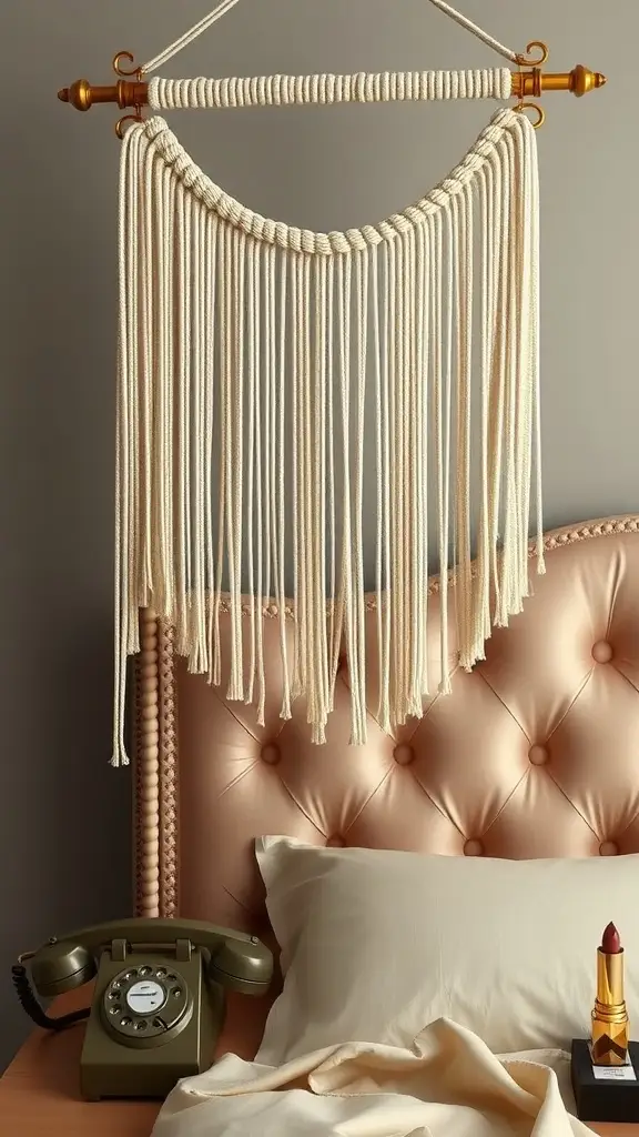 Bone and brass macramé wall hanging over a plush bedframe with an antique telephone on the nightstand.