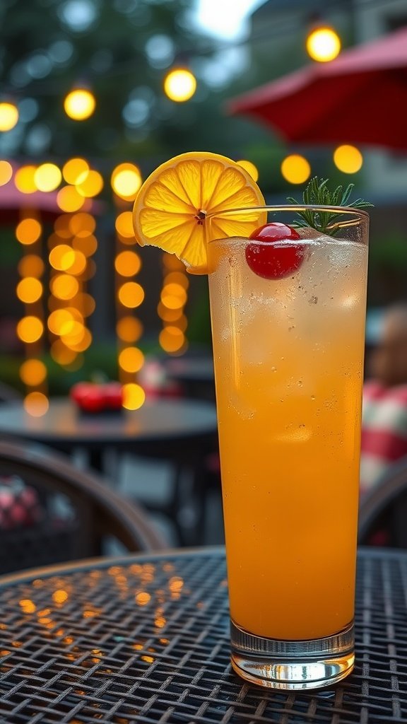 A refreshing Tom Collins cocktail with a lemon slice and cherry garnish in a tall glass