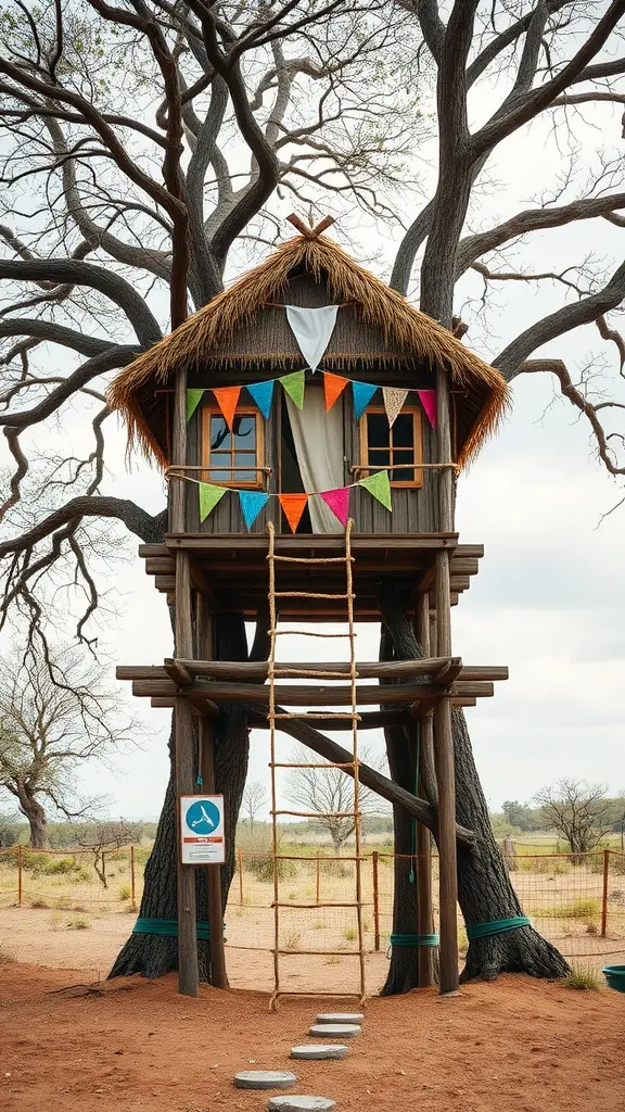 Elevated treehouse with woven reed walls and colorful banners, surrounded by trees.