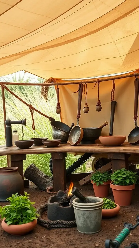 A rustic outdoor play kitchen with pots, wooden table, and herbs in pots under a canvas roof.