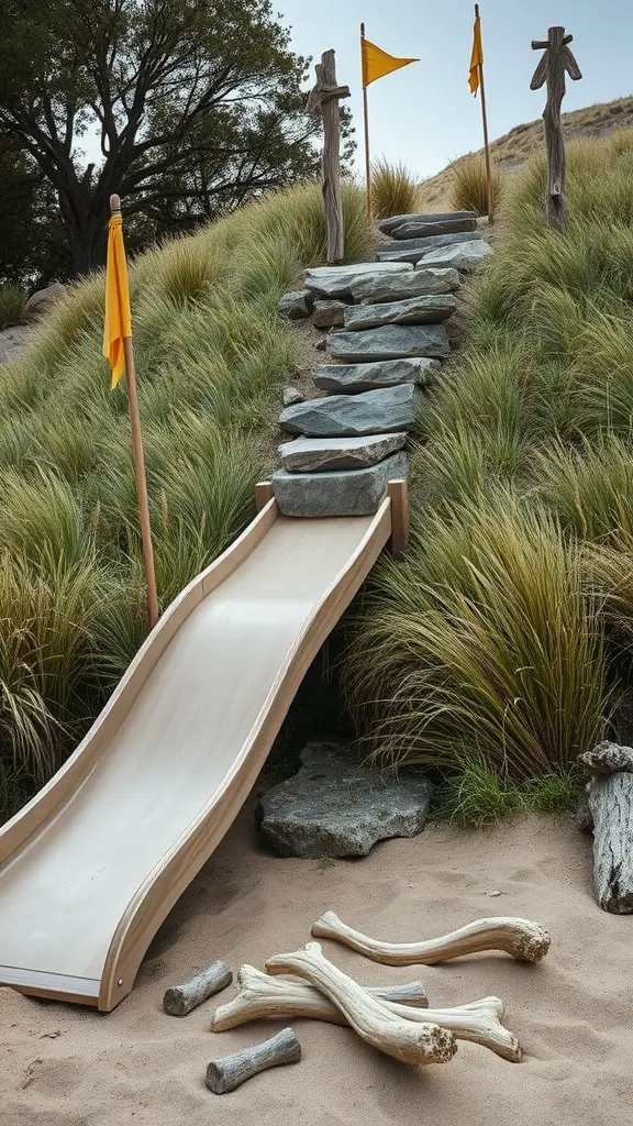 Natural slide carved into a hill with yellow flags and rocky steps