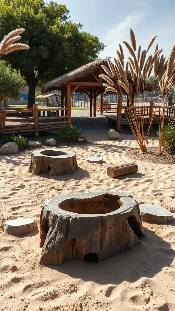 A sand pit encircled by stones and wooden stumps, with a gazebo in the background and tall grasses around.
