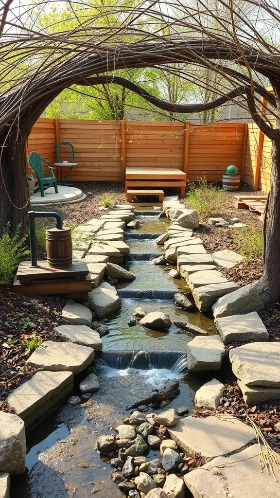 A natural creek bed with smooth stones and gentle water flow, surrounded by greenery and a cozy seating area.