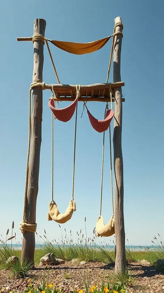 A wooden tower with a rope ladder and cargo net for climbing, featuring swings below.