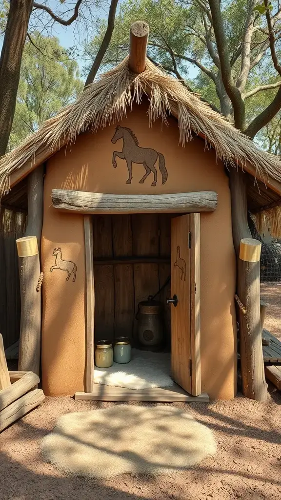 A small cubby house with a thatched roof, wooden accents, and horse carvings on the walls, set in a natural outdoor environment.