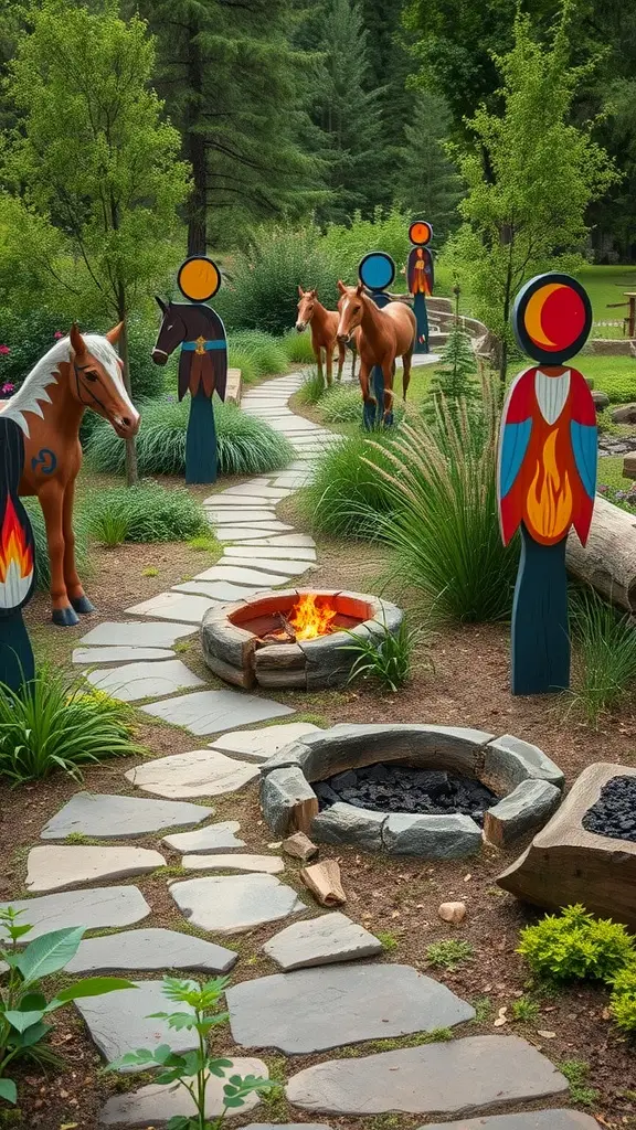 A pathway with painted rider totems and horses, leading to fire pits in a natural backyard setting.