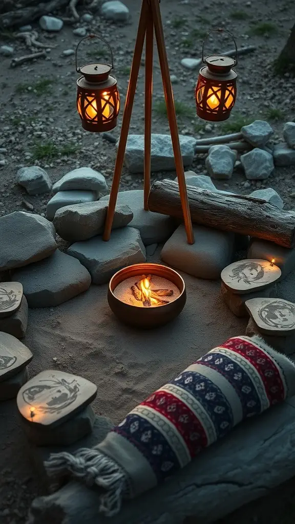 A cozy Dothraki-inspired fire circle with stones, lanterns, and hammocks.