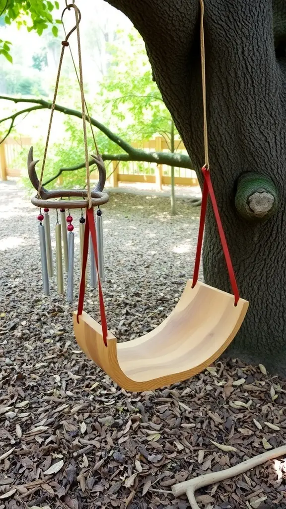 A large tree with a swing hanging from its branches, surrounded by autumn leaves.