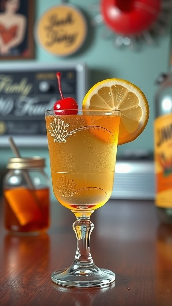 A refreshing Classic Whiskey Sour cocktail garnished with a cherry and lemon slice.
