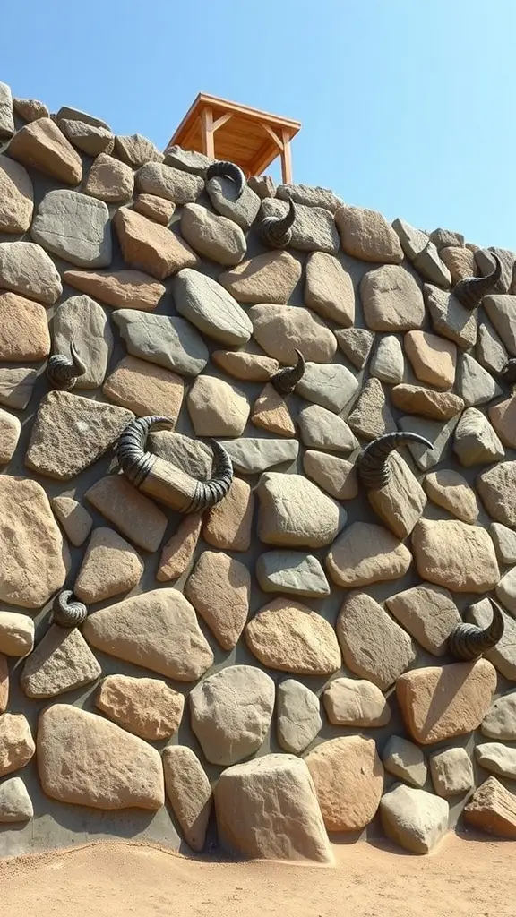 A natural rock climbing wall made of large stones with climbing holds and a wooden platform on top.