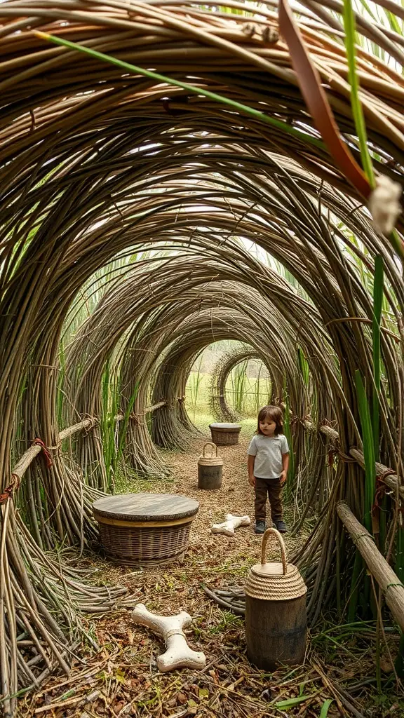 A child standing inside a natural maze made of woven branches, surrounded by baskets and playful elements.