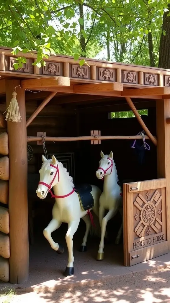 A wooden horse stable with two bright yellow horses and a child playing inside.