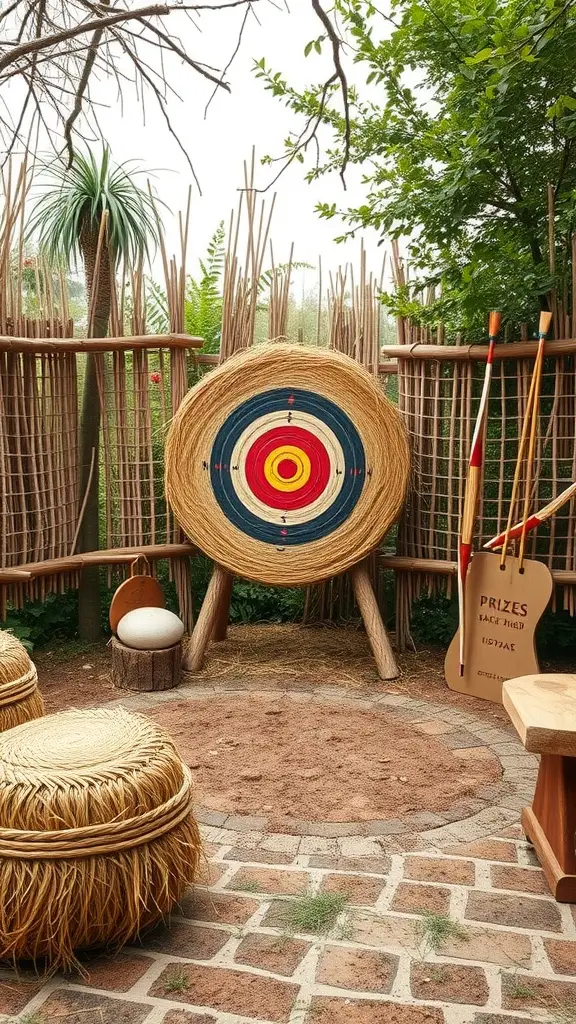A cozy archery corner featuring a straw target, colorful arrows, and rustic seating surrounded by greenery.