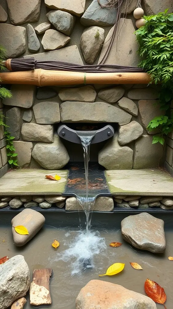 A stone waterfall with flowing water, surrounded by rocks and greenery.