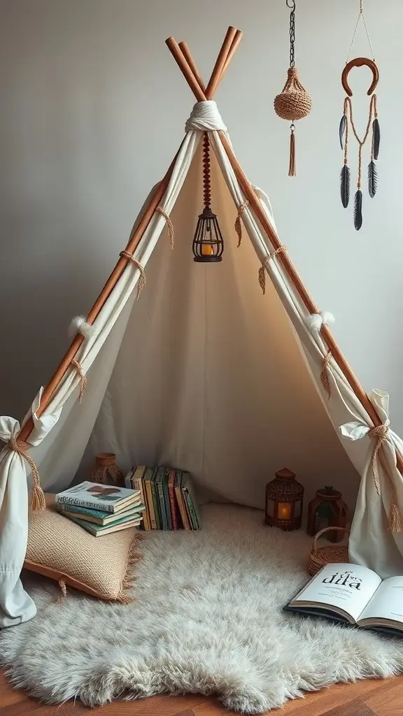 A cozy reading nook designed like a nomad's tent, featuring plush pillows, stacked books, warm lighting, and decorative elements.
