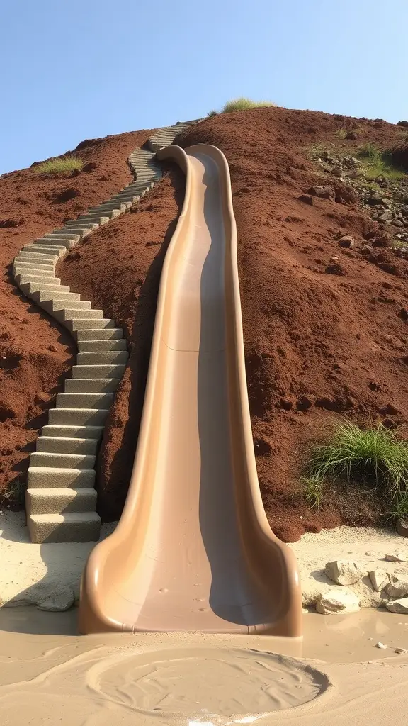 A mud slide flowing down a grassy hill with rock steps leading up to it.
