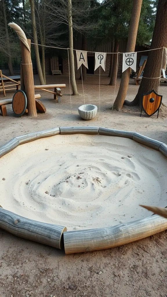 Sand arena surrounded by wooden structures and decorative banners