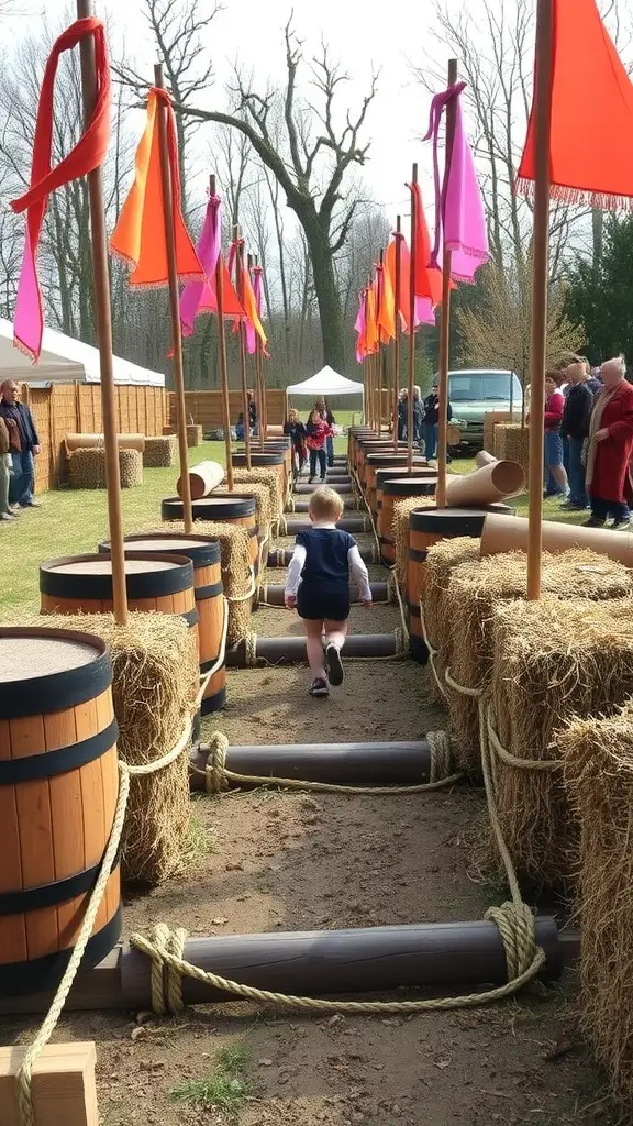 Children playing on an outdoor obstacle trail featuring barrels and colorful flags.
