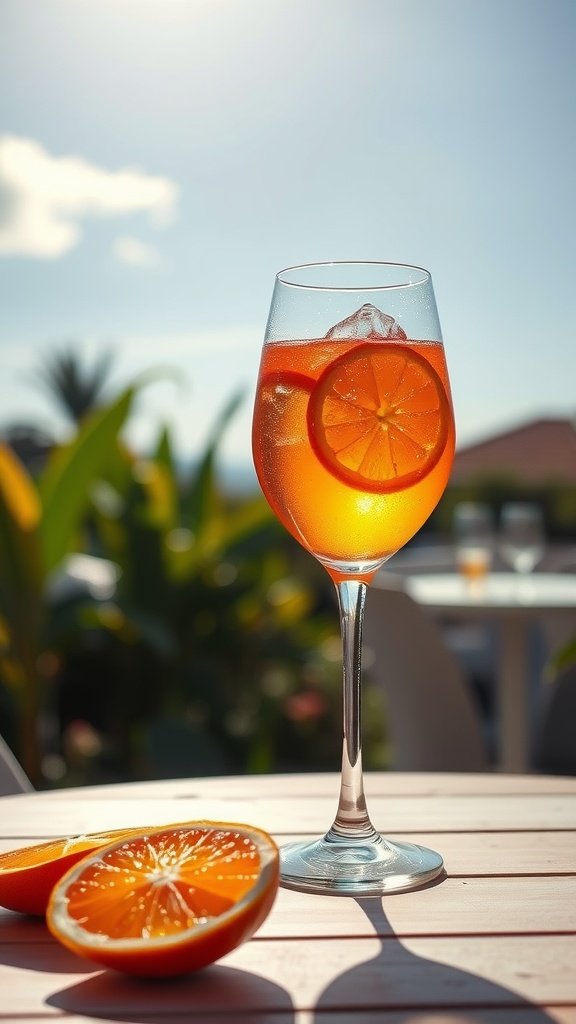 A bright orange Aperol Spritz in a glass with ice and an orange slice