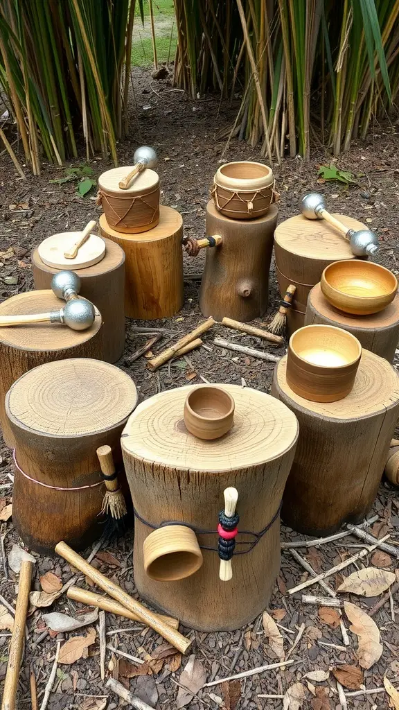 A natural play area with wooden stumps and drums surrounded by tall grass.