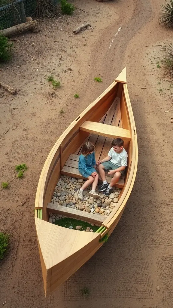 Wooden canoe bench with children sitting inside on a sandy path.