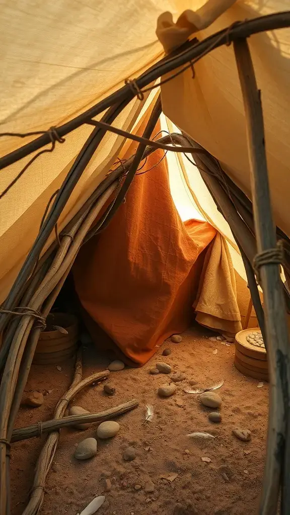 A cozy stick fort made from branches and cloth, with a warm glow inside.