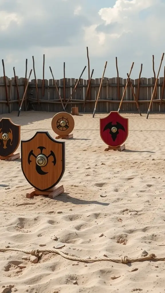 A sandy play area featuring painted shields on stands, surrounded by a wooden fence.