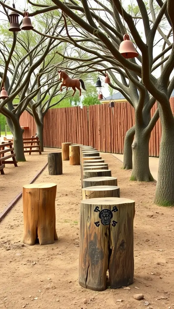 A row of wooden tree stumps in a backyard setting, surrounded by trees with hanging decorations.