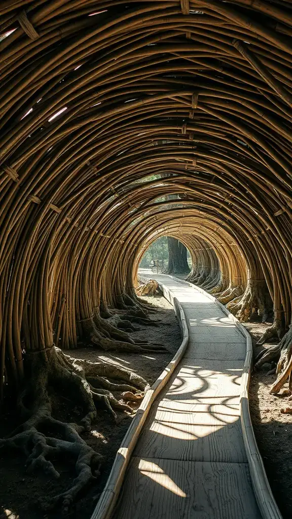 A winding tunnel made from natural branches with a wooden pathway leading through it.