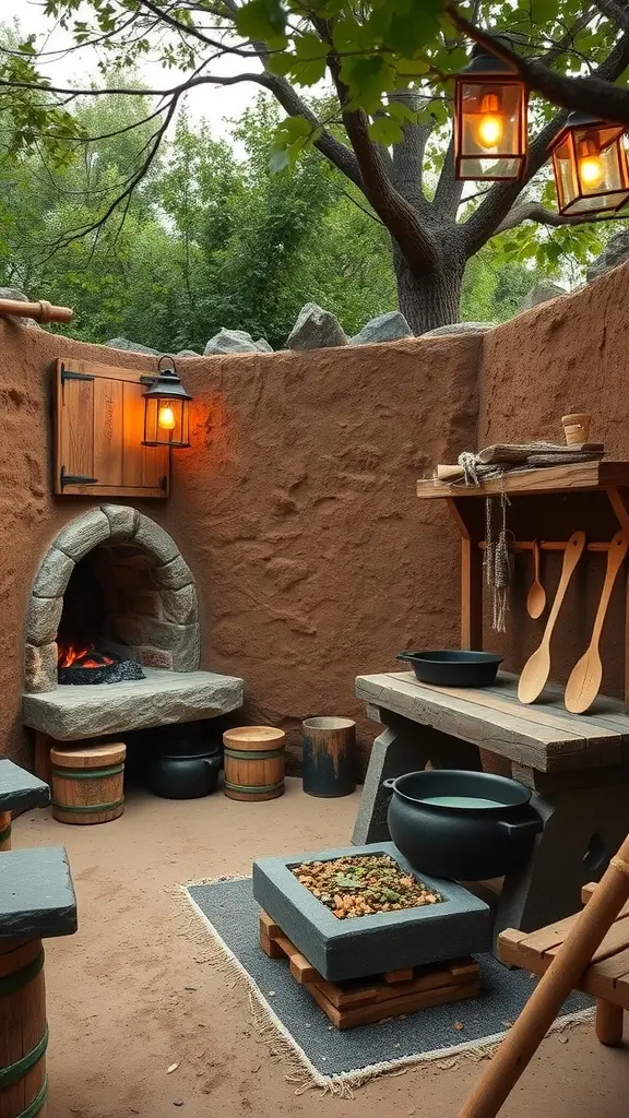 A rustic outdoor kitchenette featuring a stone oven, wooden benches, and warm glowing lanterns amidst greenery.