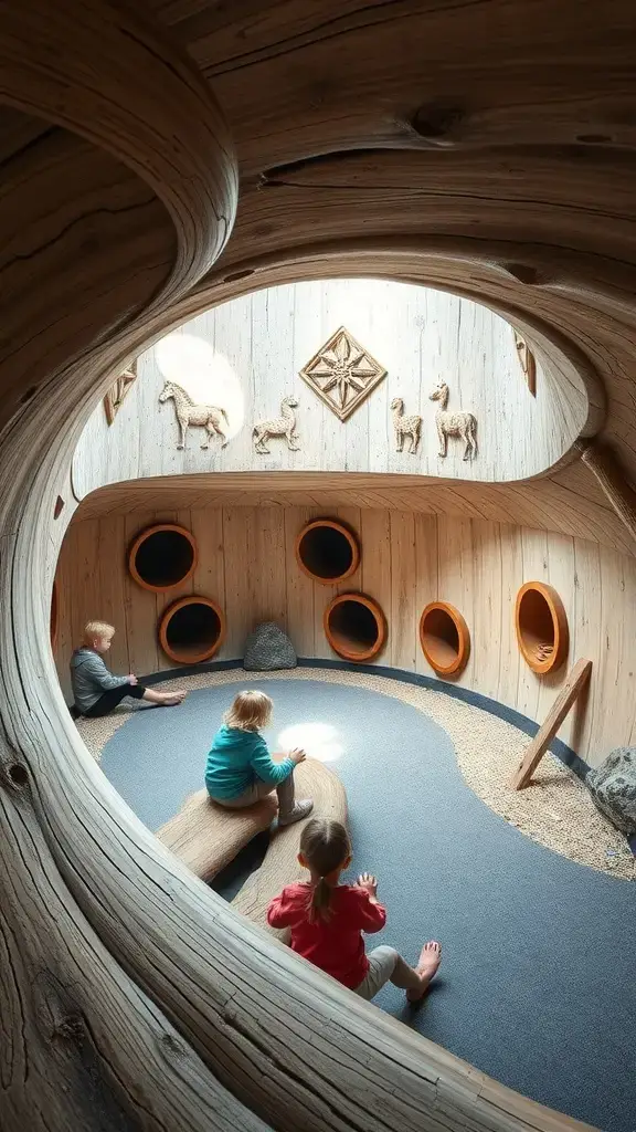 Children playing inside a wooden structure with animal carvings and circular openings.