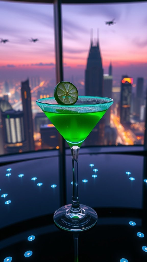A vibrant green cocktail garnished with a lime wheel, representing the Chancellor's Glow.