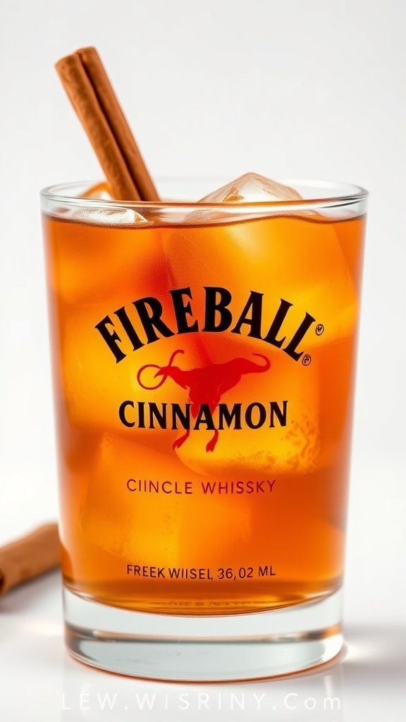 A glass of Fireball Cinnamon Cocktail with ice and a cinnamon stick.